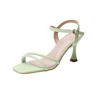 Block Heel Sandals Black Sandals for Women Ladies Fashion Solid Color Leather Square Toe Open Toe Buckle Thin High Heel Yellow for Women Size 6 Ladies Sandles5 (Green,5)