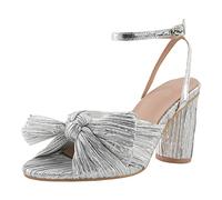 Block Heel Sandals For Women Peep Toe Adjustable Ankle Strap Fashion Cute Sexy High Heels with Bow Knot - Wedding, Party, Banquet, Beach, Formal Dress Shoes Silver 6 UK