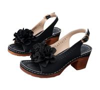 Block Heel Sandals Leather, Open Toe Sandals For Women Ankle Strap, Comfortable Slip On Beach Sandal Solid -Color Blossom Buckle Up Sandal Comfortable Soft-Sole Leather Shoes Fashion Slingback Shoes