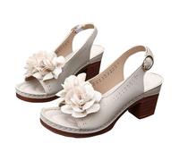Block Heel Sandals Leather, Open Toe Sandals For Women Ankle Strap, Comfortable Slip On Beach Sandal Solid -Color Blossom Buckle Up Sandal Comfortable Soft-Sole Leather Shoes Fashion Slingback Shoes