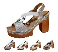 Block Heel Slip On Sandals For Women, Elastic Strap Sandals For Women, Metallic Leaf-Pattern Sandal, Open Toe Platform Footwear, Ideal For Evening Events, Party Nights, And Weekend Getaways