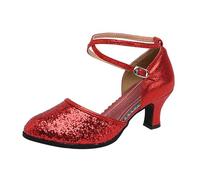 Block Heels for Women Closed Toe, Ankle Strap Heels for Women, Glitter Red