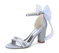 Block Heels for Women Pearls Wedding Sandals Open Toe Ankle Strap Evening Party Summer Shoes,Silver,5 UK