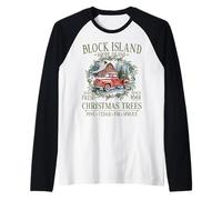 Block Island RI Farm Fresh Christmas Trees Green Letters Raglan Baseball Tee