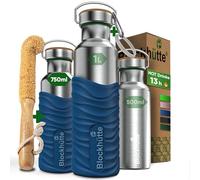 Blockhütte Stainless Steel Water Bottle Insulated I 750ml Water Bottle Metal, BPA Free, Thermal Leakproof Flask, Dishwasher Safe, for Gym, Travel, Cold Drinks, with Natural Cleaning Brush - Blue