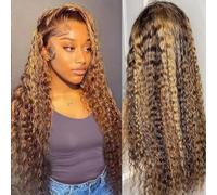 BLOCKICE Highlight Ombre Lace Front Wig Human Hair Wigs for Black Women 4/27 Honey Blonde 13x4 Deep Wave Lace Frontal Wig Pre Plucked 150% Density Deep Curly Glueless Wigs Human Hair 24 Inch