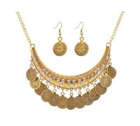 blodfune 2Pcs Set Necklace Earrings, Retro Engraved Coin Tassel Pendant, Adjustable Chain Bridal Jewelry with Rhinestones Inlaid Gift for Women Golden