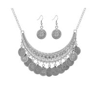 blodfune 2Pcs Set Necklace Earrings, Retro Engraved Coin Tassel Pendant, Adjustable Chain Bridal Jewelry with Rhinestones Inlaid Gift for Women Silver