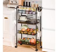 blodfune Fruit Vegetable Storage Basket, 5 Tier Stackable Metal Mesh Storage Basket with 360 Degree Wheels, Fruit Vegetable Basket Storage Organizer for Kitchen, Pantry, Bathroom Black 4-Layers