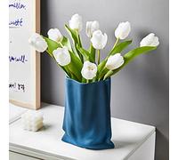 BLOFLO Blue Ceramic Modern Vase Crinkle Fold Paper Bag Handmade Ceramic Vase, Creative Flower Arrangement Ornaments, Decorative Vases for Home Decor, Mantel, Living Room Decoration (Blue)