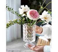 BLOFLO Embossed Glass Vase, 7'' Crystal Glass Vases for Flowers, Pedestal Big Base Glass Bouquet Vase, Hydroponic Glass Transparent Vase for Home Office Wedding Dining Table Party