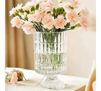 BLOFLO Embossed Glass Vase, 7'' Crystal Glass Vases, Pedestal Big Base Glass Bouquet Vase, Hydroponic Glass Transparent Vase for Home Office Wedding Dining Table Party (Ribbed Pattern)