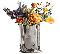 BLOFLO Silver Ceramic Modern Vase Crinkle Fold Paper Bag Handmade Ceramic Vase, Creative Flower Arrangement Ornaments, Decorative Vases for Home Decor, Mantel, Living Room Decoration (Silver)