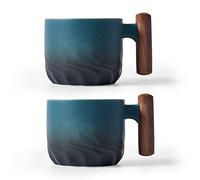 BlogBlog Ceramic Espresso Cups with Wooden Handle, Espresso Coffee Shot Cups, Ceramic Tea Cups, Demitasse Porcelain Mugs for Coffee or Tea, 2oz (Blue, 2)