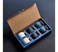 BlogBlog Ceramic Espresso Cups with Wooden Handle Espresso Shot Cups Ceramic Tea Cups Porcelain Demitasse Cups for Coffee or Tea, 2oz (Black-Blue-White, 6)