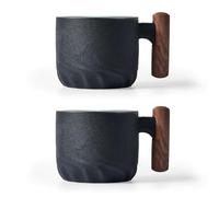 BlogBlog Ceramic Espresso Cups with Wooden Handle Espresso Shot Cups Ceramic Tea Cups Porcelain Demitasse Cups for Coffee or Tea, 2oz (black, 2)