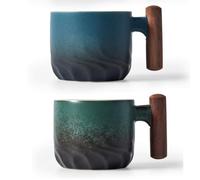 BlogBlog Ceramic Espresso Cups with Wooden Handle, Espresso Shot Glass, Ceramic Tea Cups, Porcelain, Demitasse Cups for Coffee or Tea, 57 ml, Blue and Green, Set of 2