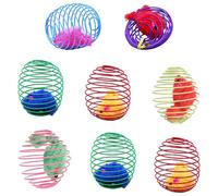 Blogiiup Cat Springs, 8Pcs Cat Spring Toy Interactive Fun Plush Mouse Toy in Elastic Spring Cage DIY Filling Jingle Balls Furs Balls Catnip More, Random Color, Ball