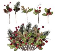 Blogiiup Christmas Tree Picks, 30Pcs Christmas Picks, Red Berries Pine Cones Evergreen Wreath Artificial Craft Supplies Ornaments for Birthday, Wedding, Greenery