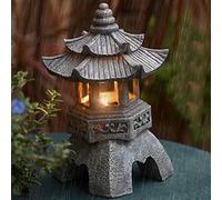 Blogiiup Japanese Garden Decor - Solar Pagoda Lantern Statue, Outdoor/Indoor Zen Asian Decor for Landscape, Balcony, Patio, Porch, Yard Art Ornament Gifts, Polyresin, Gray Stone Finish