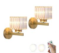 BLOHDI Set of Two Crystal Wall Sconces Battery Operated Wall Lights with Remote Control Dimming Bulb LED Wireless Wall Lamp Gold Black Cordless Lighting for Bedroom Bedside Living Room Hallway