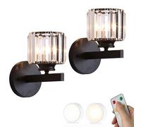 BLOHDI Set of Two Crystal Wall Sconces Battery Operated Wall Lights with Remote Control Dimming Bulb LED Wireless Wall Lamp Gold Black Cordless Lighting for Bedroom Bedside Living Room Hallway