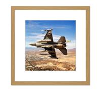 Bloker Military USA F-16 Fighter Jet Over Las Vegas 8X8 Inch Square Wooden Framed Wall Art Print Picture with Mount Artery8 Light Oak One Size