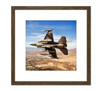 Bloker Military USA F-16 Fighter Jet Over Las Vegas 8X8 Inch Square Wooden Framed Wall Art Print Picture with Mount Artery8 Brown One Size