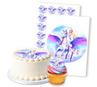 Blond Princess Pegasus Fairytale Sky, 1 Round 8" & 24 2" Edible Toppers Set