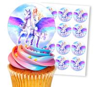 Blond Princess Pegasus Fairytale Sky, 12 Edible Paper 2.5" Cupcake Toppers