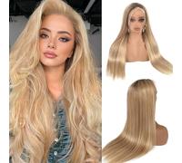 Blonde Balayage Wig Human Hair Lace Front Wig 30 Inch Long Straight Highlight Blonde HD Lace Front Wig with Brown Roots Pre Plucked 180% Density Full Lace Brown and Blonde