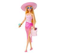 Blonde Barbie Doll with Pink and White Swimsuit, Sun Hat, Tote Bag and Beach-Themed Accessories, HPL73