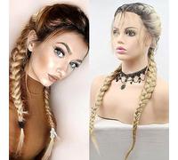 Blonde Double Braided Wigs with Baby Hair Heat Resistant Synthetic Lace Front Wigs for Women Female Dark Roots Ombre Blonde Natural 2x Twist Braids Long Hair Glueless Synthetic Wig