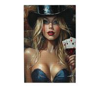 Blonde Lady with Poker & Red Wine Glass 500 Piece Adults Wooden Jigsaw Puzzle,Black Top Hat & Rose,Vintage Oil Painting,Stress Relief Entertainment Puzzle,Gift for Family and Friends