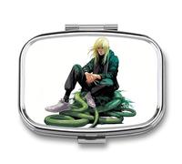 Blonde Male and Snake Pill Box 2 Compartment, Portable Pill Case with Mirror for Pocket Purse Travel, Mini Metal Medicine Organizer for Vitamins Fish Oil