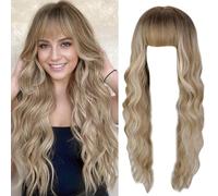 Blonde Wig 31.5Inch Long Curly Wig with Bangs Natrual Blonde Wavy with Bangs High Temperature Silk Synthetic Skin-friendly Wigs for Women & Girls, with