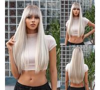 Blonde Wig Bangs 26", Long Straight Wig White Blonde Women Hair Wigs, Sexy Golden Heat Resistant Straight Synthetic Wig for Everyday/Cosplay/Party