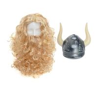 Blonde Wig & Beard Set With Silver Viking Helmet - Long Blonde Curly Wig With Matching Beard and Plastic Viking Helmet - Perfect for Viking Fancy Dress