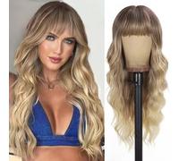 Blonde Wig with Bangs Wavy Long Wavy Wigs for Women Ombre Wig with Brown Roots Skin Friendly Synthetic Fiber for Festival 26 Inch