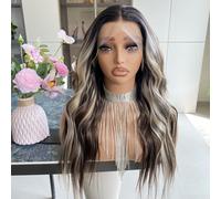 Blonde Wig with Brown Highlights Ombre Wig Dark Roots 13x4 Pre Drawn Lace Front Wig Long Loose Wave Platinum Synthetic Fiber 20 Inch for Women