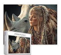 Blonde Woman and Rhino 1000 Piece Jigsaw Puzzles for Adults Tribal Mythology Art Jigsaw Puzzle Challenging Family Activity Games Colorful DIY Craft Puzzle for Home Decor Gifts 27×20 Inches