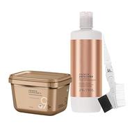 BlondeMe 2% / 7 Vol Developer 1 Liter, BlondeMe Lightener 9+ Bond Enforcing Premium Dust Free Bleach 450 grams, M Hair Designs Tint Brush/Comb (Bundle 3 items)