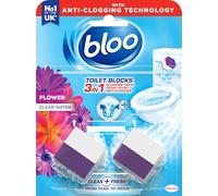 Bloo 3in1 Toilet Blocks, Pack of 2, Limescale Remover Cistern, Cleaner with Cleaning and Foaming Action, Fresheners - Fresh Flowers