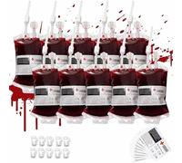 Blood Bag for Drinks 350ml Reusable IV Blood Bag Halloween Drink Pouches With Clip Blood Group Sticker And Drinks Syringe Beverage Juice Bag for Halloween Cosplay Party Props Favors (12)