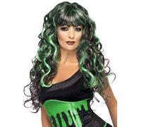 Blood Drip Siren Wig Black & Green Ladies Long Curly Wig Halloween Fancy Dress
