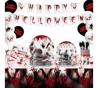 Blood Hand Print Halloween Party Kit - 80 Piece Decor Set with Tablecloth Plates Cups Utensils for Haunted House Theme