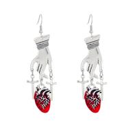 Blood Heart Sword Cross Earrings Vintage Punk Hand Dagger Knife Human Anatomical Bleeding Hearts Organ Ruby Silver Dangle Drop Earrings for Women Men Gothic Halloween Cosplay Party Fashion Jewelry