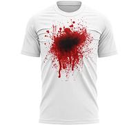 Blood Splatter Mens T Shirt, Halloween Zombie Victim Tee, Simple Funny and Scary Costume, Halloween Fancy Dress Outfit, XL, White