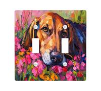 Bloodhound Dog Decorative Light Switch Cover Plate 2 Gang Double Toggle, Oil Painting Peach Flower Electrical Faceplate for Kitchen Bathroom, Pet Switchcover Decor