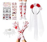 Bloody Bride Horror Halloween Costume, Rose Floral Crown Headband Lace Necklace Bloody Gloves Socks Skull Face Temporary Tattoos Day of the Dead Halloween Costume for Women Cosplay Party